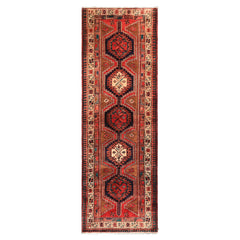 Runner Navy, Brown, Ivory Color Hand Knotted Hamadan Wool Traditional Oriental Rug