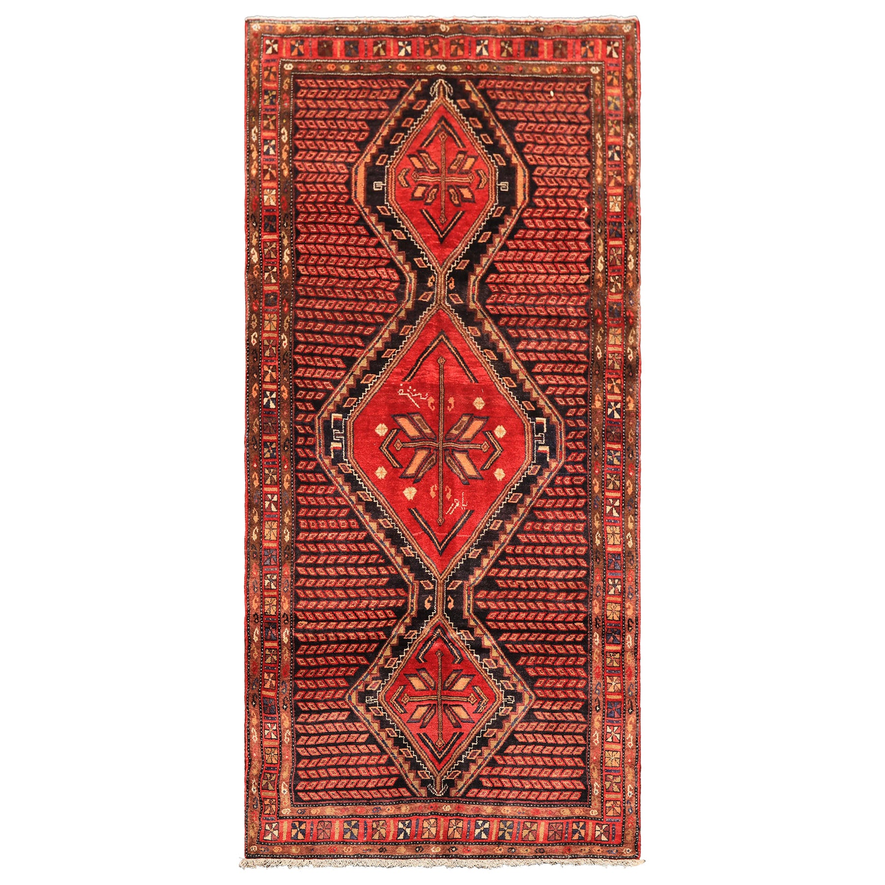 Runner Red, Charcoal, Brown Color Hand Knotted Hamadan Wool Traditional Oriental Rug