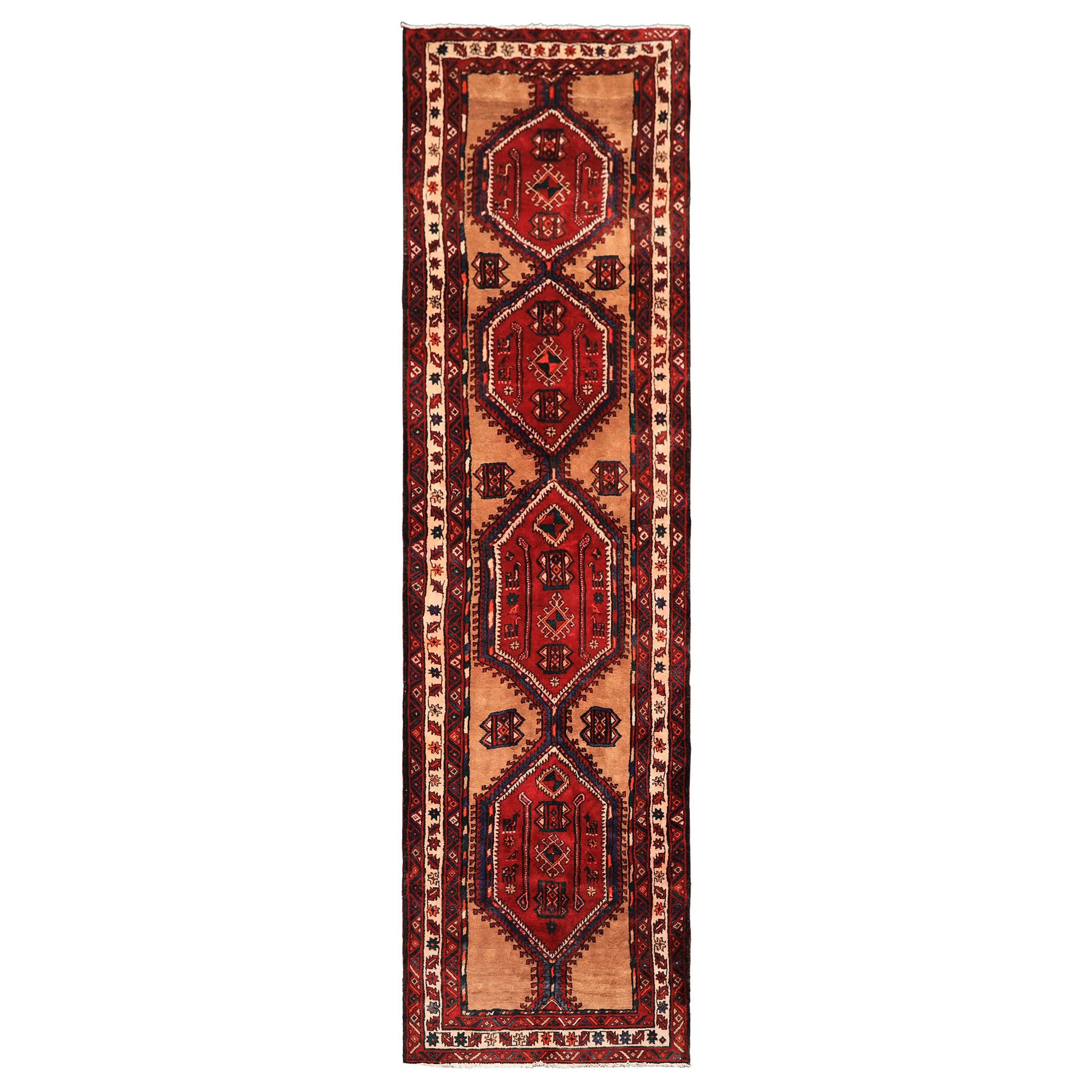 Runner Burgundy, Camel, Ivory Color Hand Knotted Kurdish Bidjar Wool Traditional Oriental Rug
