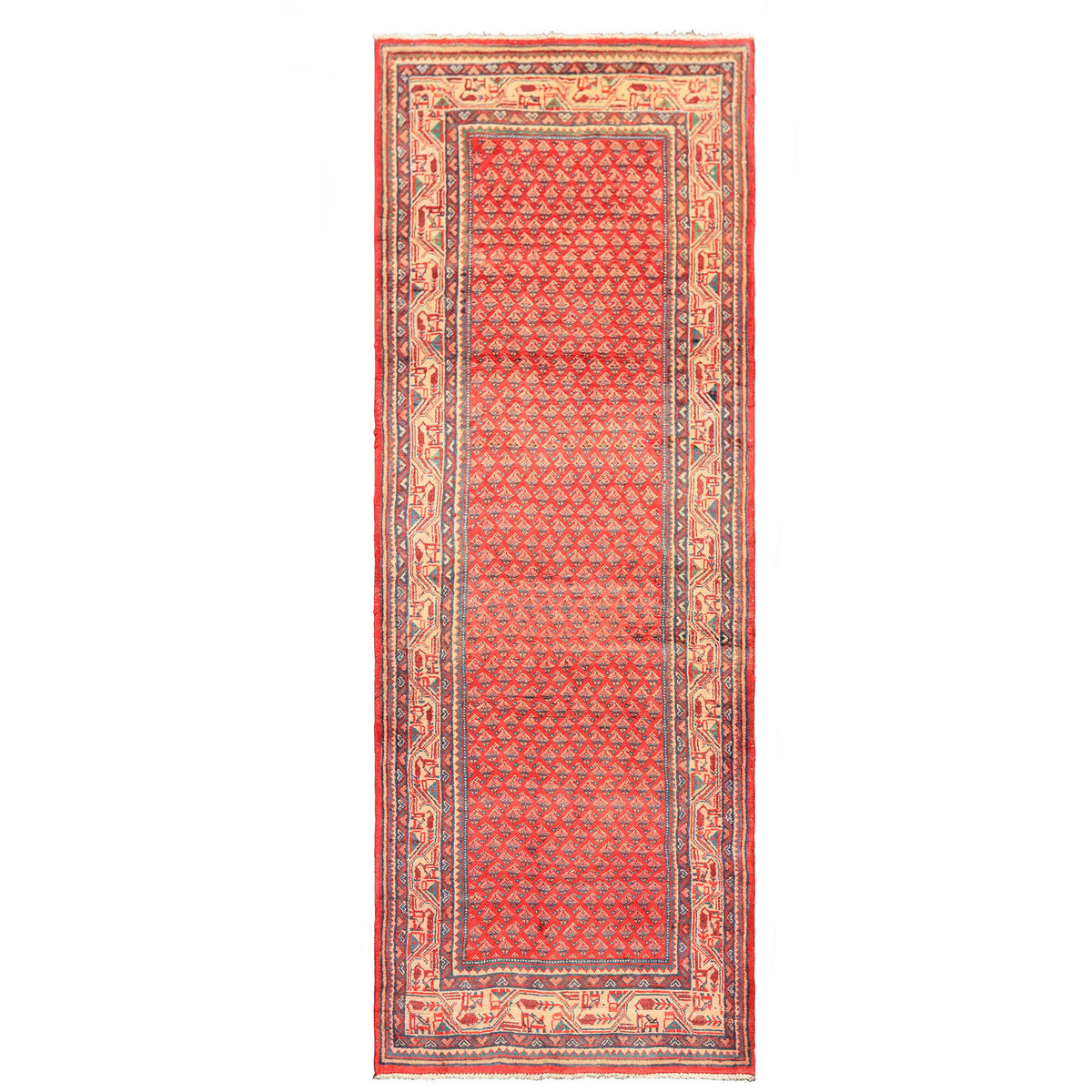 Runner Coral, Ivory, Aqua Color Hand Knotted Kurdish Bidjar Herati Wool Traditional Oriental Rug