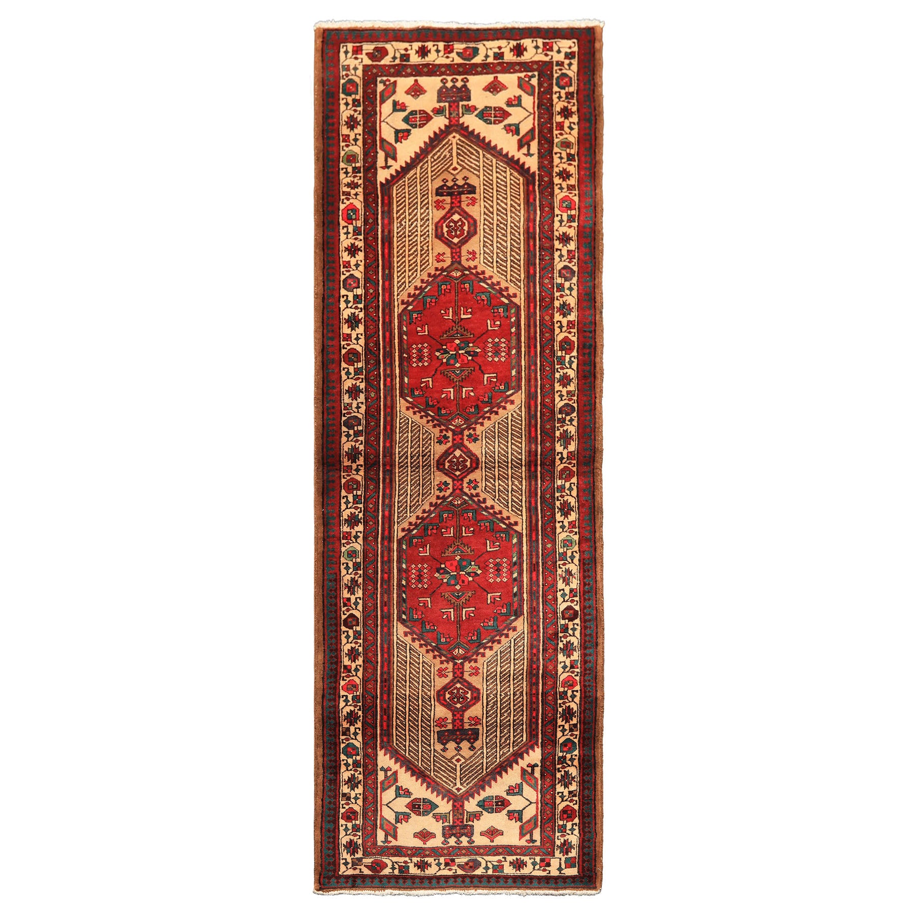 Runner Rusty Red, Tan, Ivory Color Hand Knotted Kurdish Hamadan Wool Traditional Oriental Rug