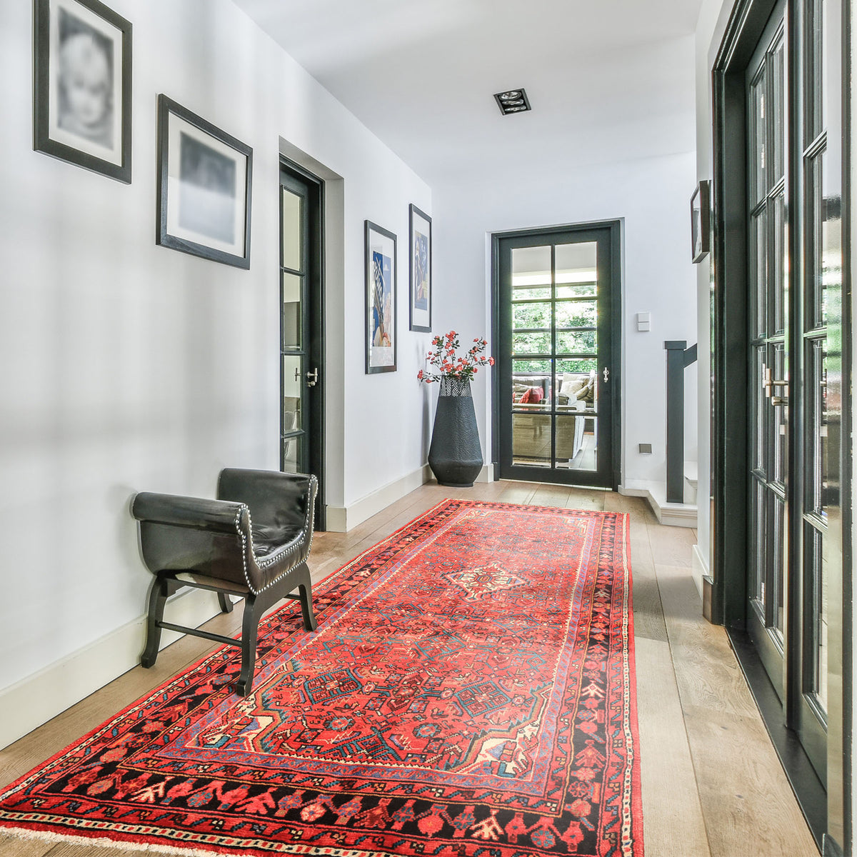 Runner Red, Rose, Charcoal Color Hand Knotted Heriz Wool Traditional Oriental Rug
