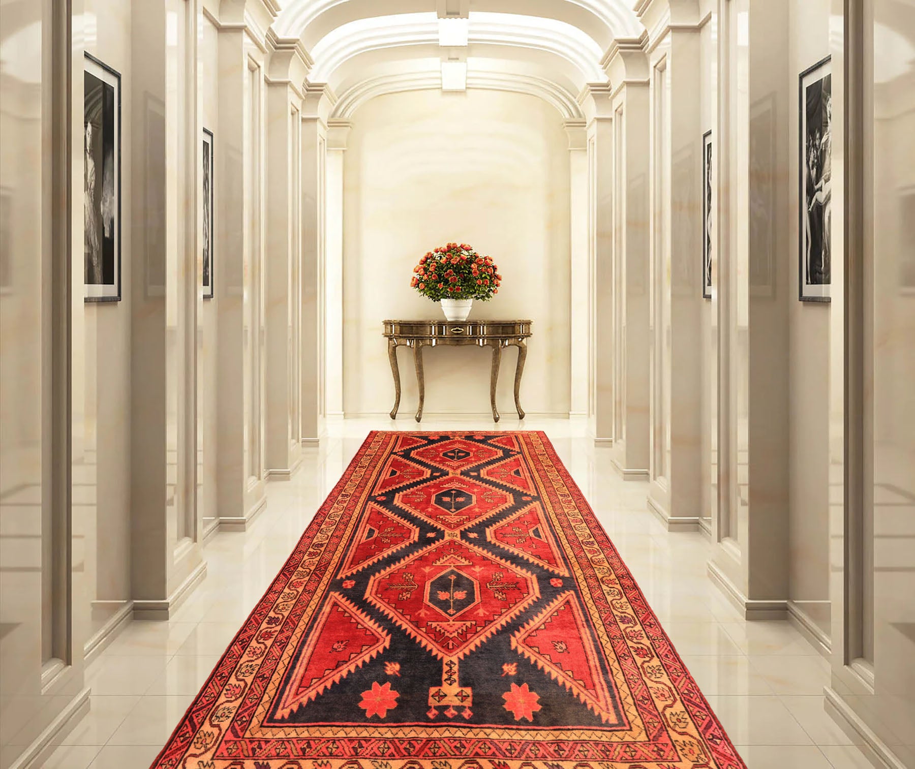 Runner Rust, Charcoal, Rose Color Hand Knotted Bakshaish Wool Traditional Oriental Rug