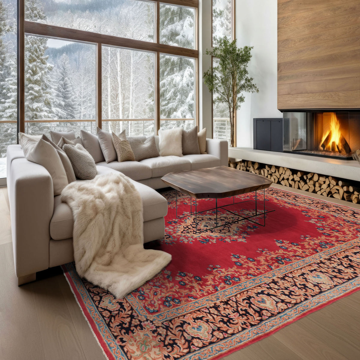 7x10 Red, Navy, Aqua Color Hand Knotted Kerman Wool Traditional Oriental Rug