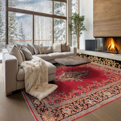 7x10 Red, Navy, Aqua Color Hand Knotted Kerman Wool Traditional Oriental Rug