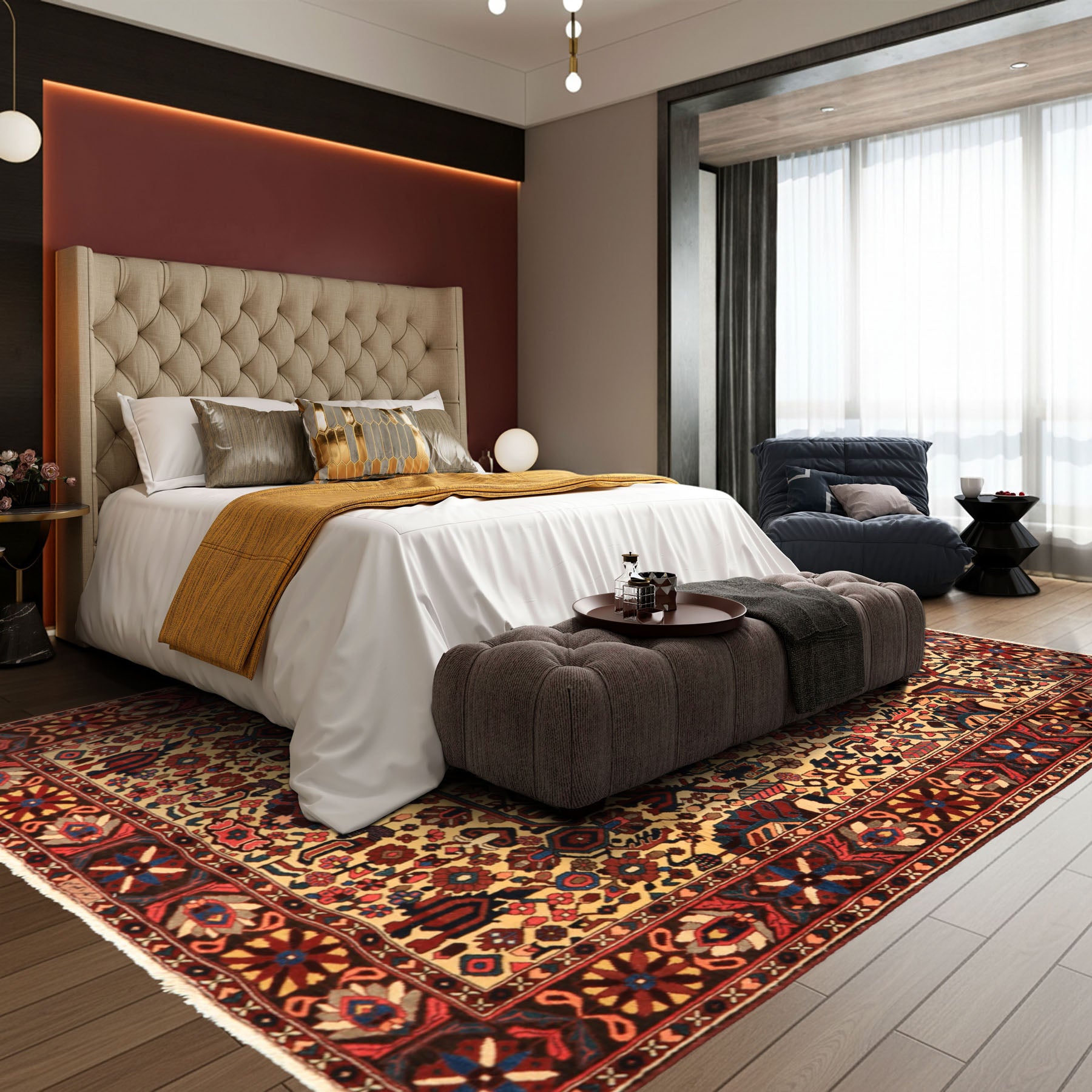 7x10 Ivory, Chocolate, Navy Color Hand Knotted Char Mahal Bhaktiari Wool Traditional Oriental Rug