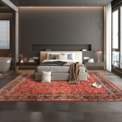 7x10 Red, Midnight Blue, Orange Color Hand Knotted Kashmar Wool Traditional Oriental Rug