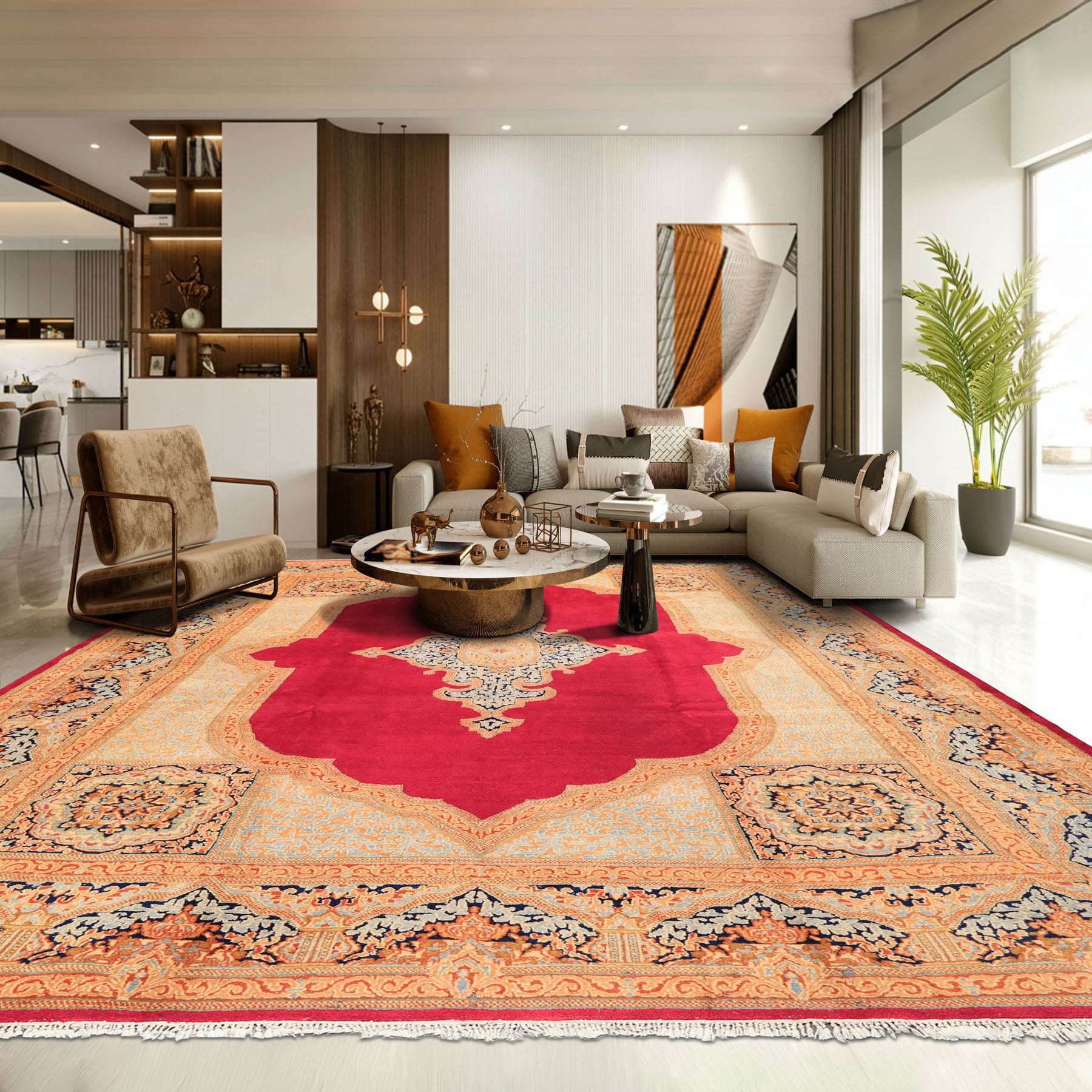 9x12 Ruby Red, Aqua, Navy Color Hand Knotted Kerman Wool Traditional Oriental Rug