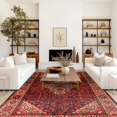 7x11 Midnight Blue, Ivory, Red Color Hand Knotted Hamadan Wool Traditional Oriental Rug