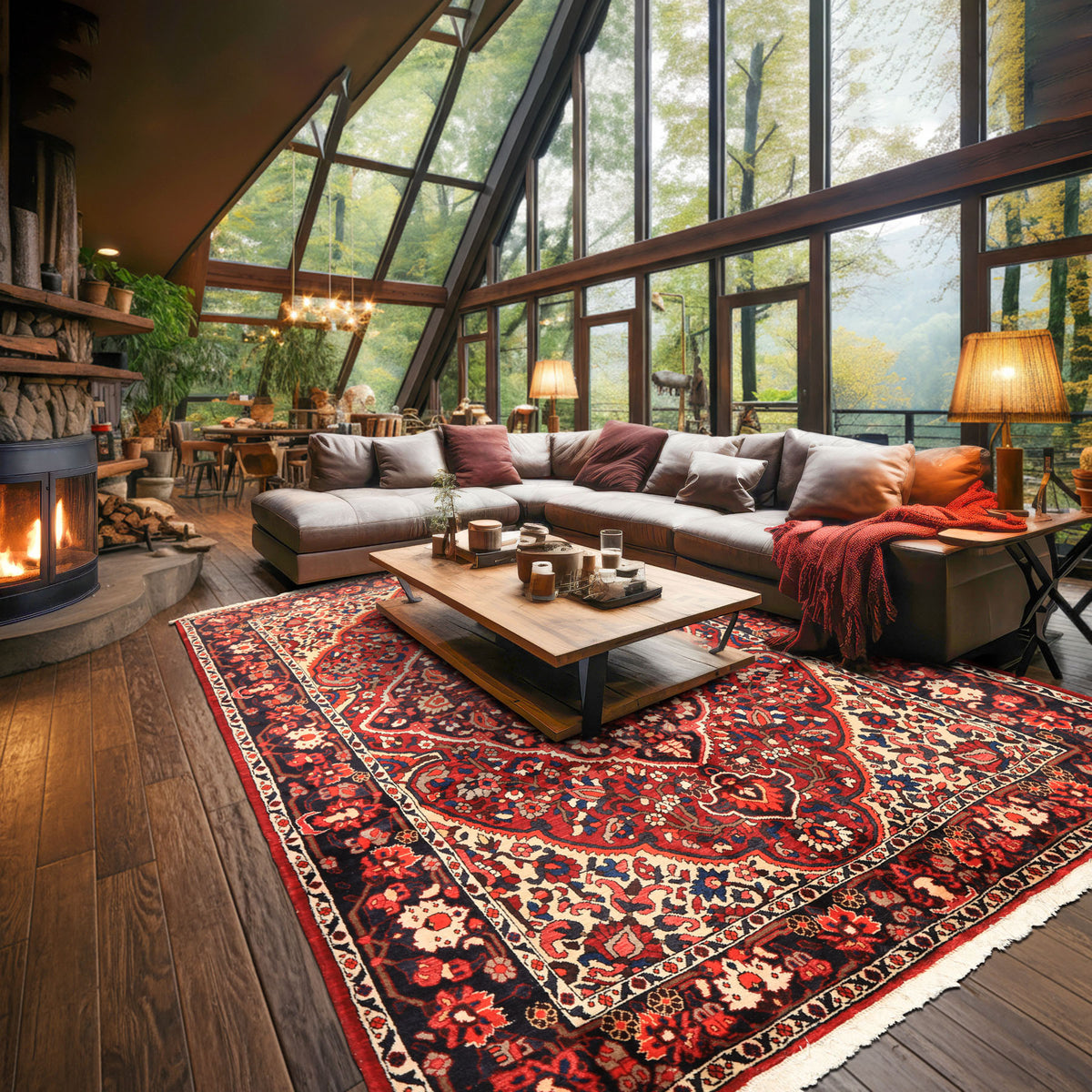 7x10 Rust, Ivory, Midnight Blue Color Hand Knotted Bakhtiari Wool Traditional Oriental Rug