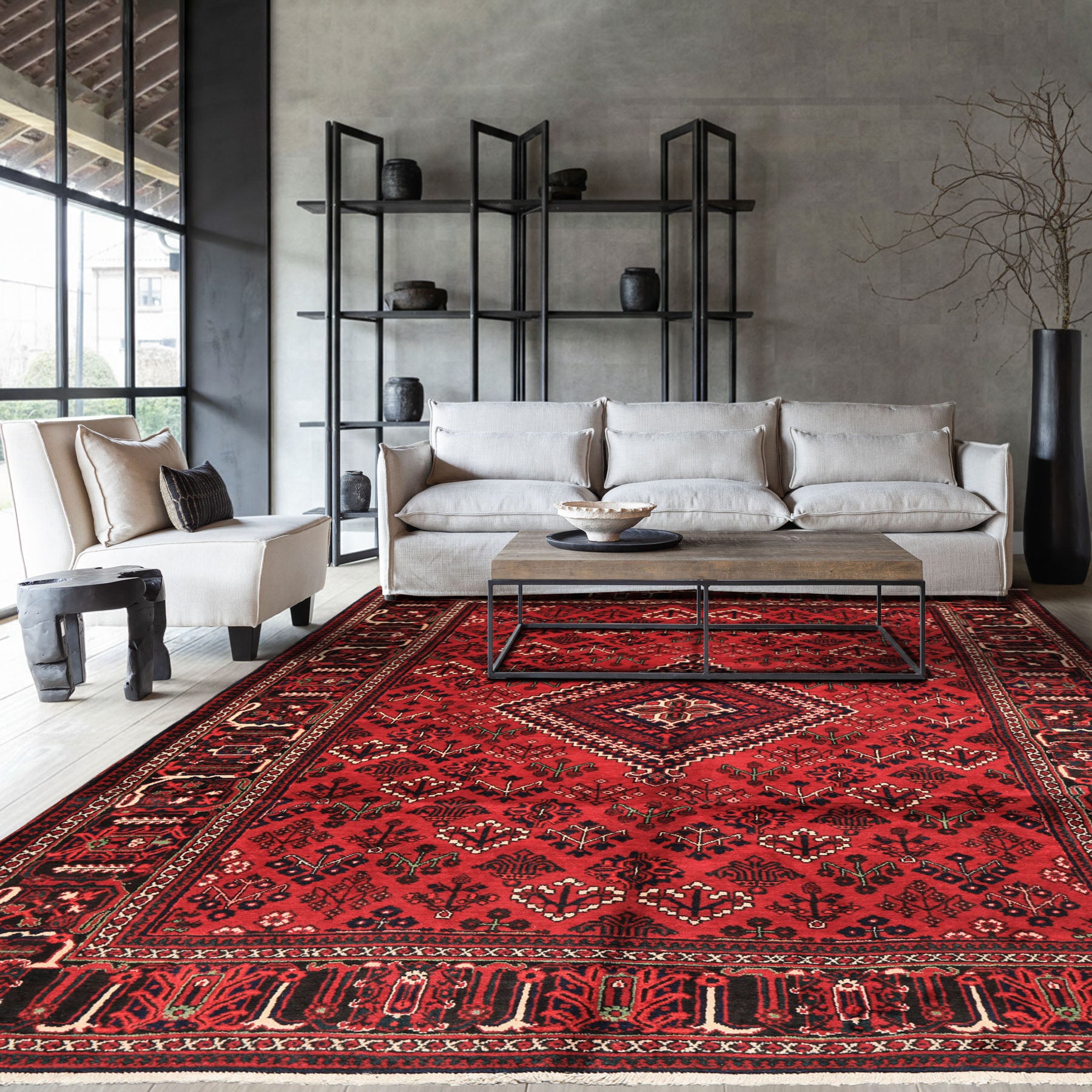 7x10 Burgundy, Charcoal, Ivory Color Hand Knotted Meimeh Wool Traditional Oriental Rug