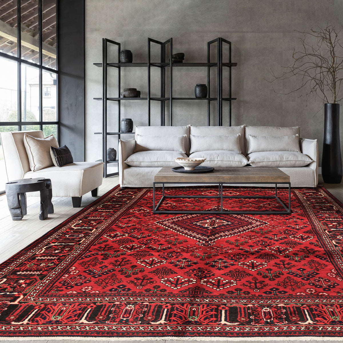 7x10 Burgundy, Charcoal, Ivory Color Hand Knotted Meimeh Wool Traditional Oriental Rug