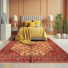 7x10 Light Gold, Ivory, Red Color Hand Knotted Meimeh Wool Traditional Oriental Rug