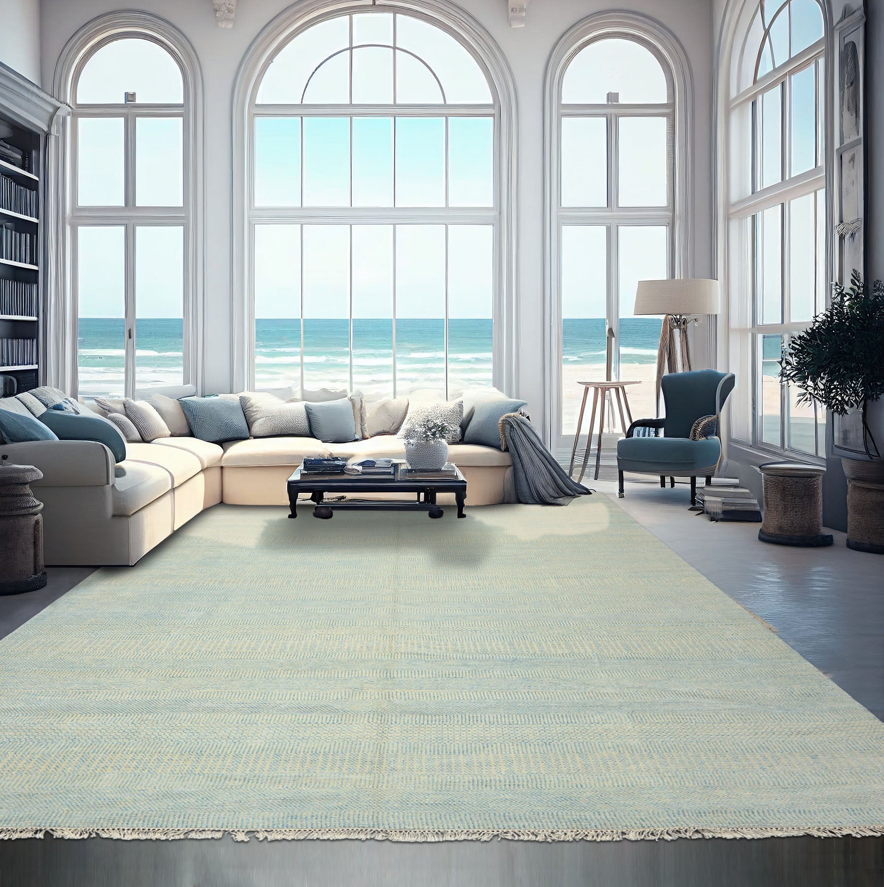 9x12 Ivory, Aqua, Color Hand Knotted Tibetan Wool & Silk Modern & Contemporary Oriental Rug