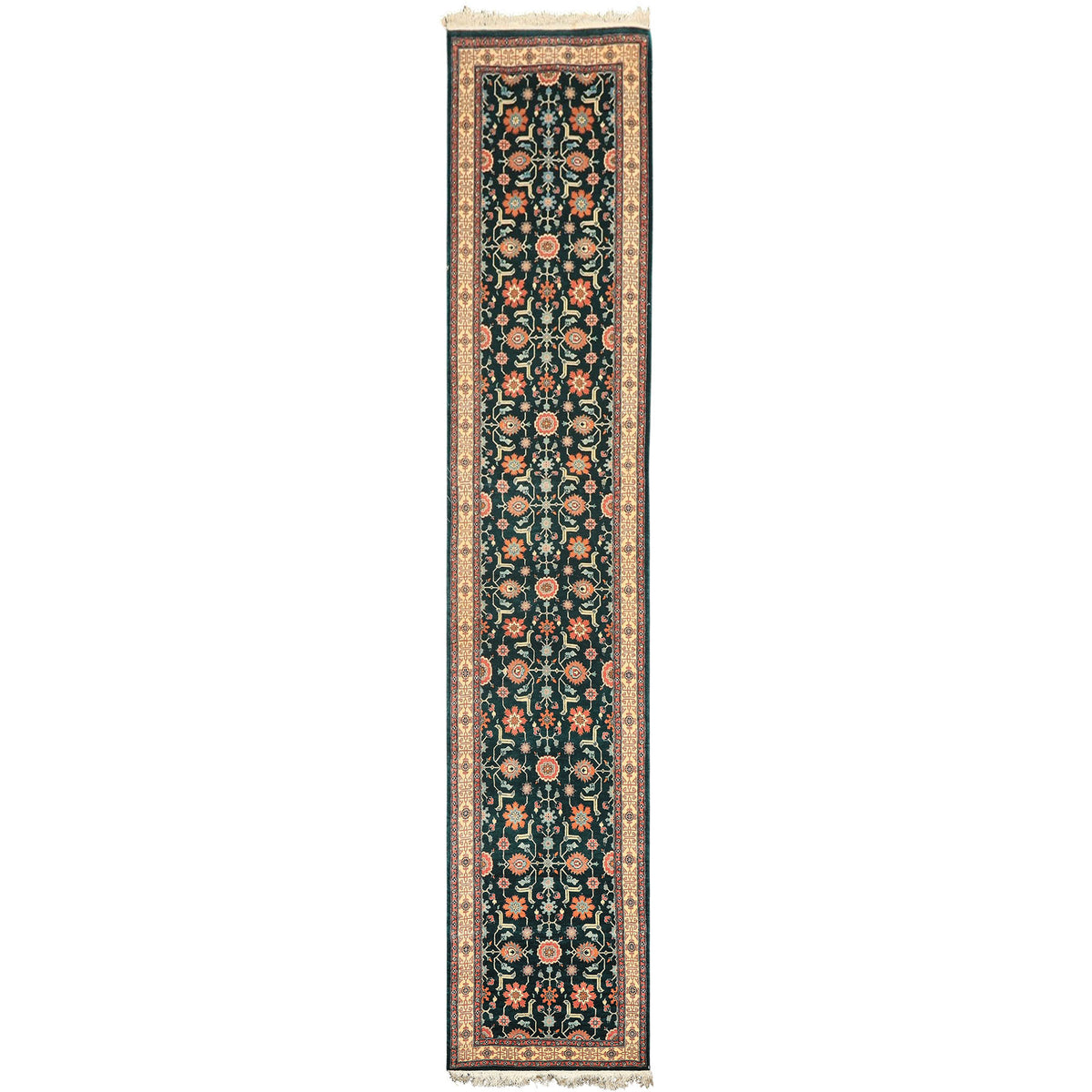 2'6x12 Teal, Ivory, Rose Color Hand Knotted Pak Persian Wool Traditional Oriental Rug