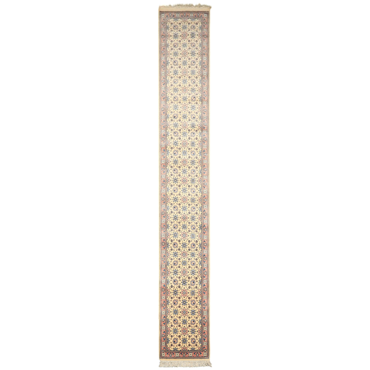 Runner Ivory, Rose, Blue Color Hand Knotted Kashan Wool Traditional Oriental Rug