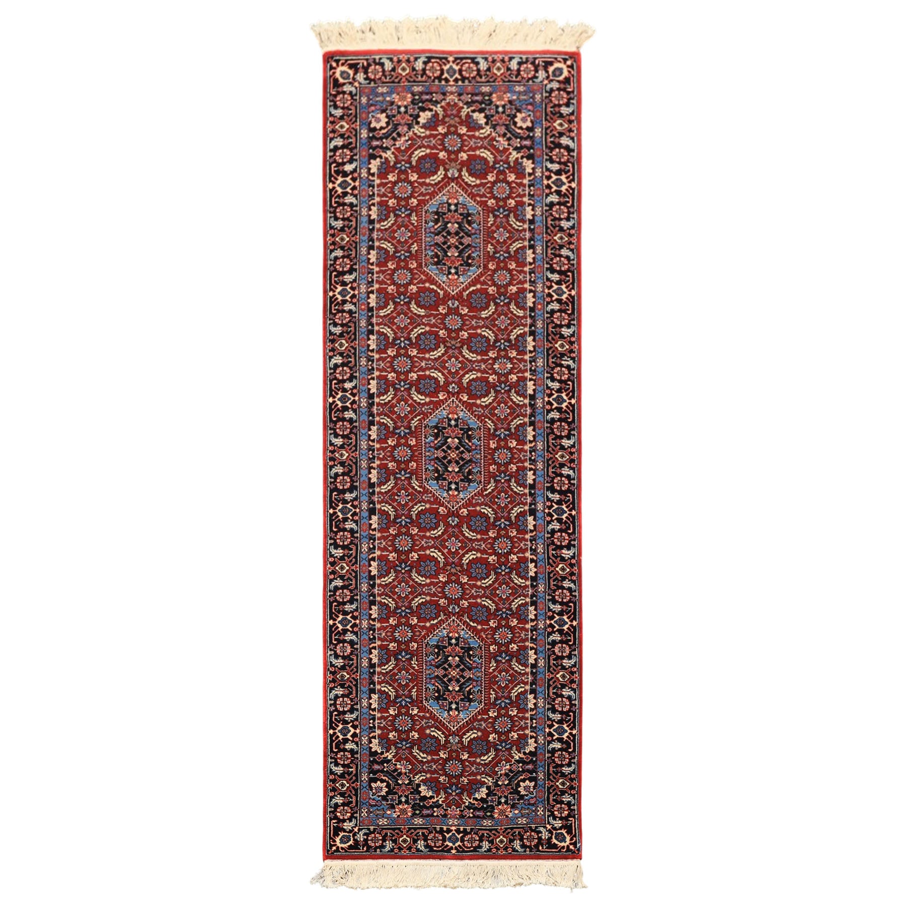 2'6x8 Red, Midnight Blue, Ivory Color Hand Knotted Indo Tabriz Wool Traditional Oriental Rug