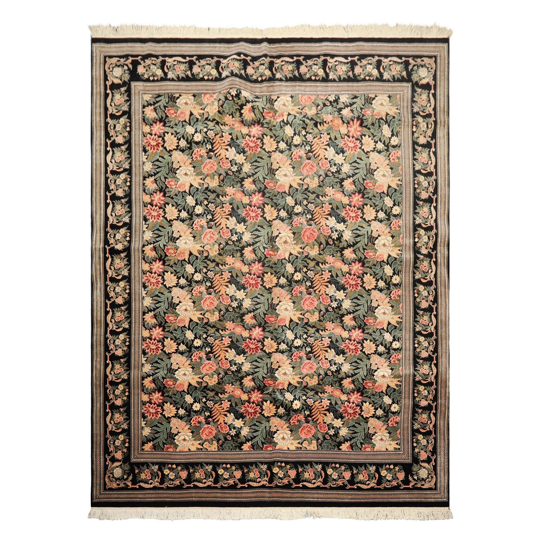 9x12 Black, Ivory, Rose Color Hand Knotted Pak Persian Wool & Silk Traditional Oriental Rug