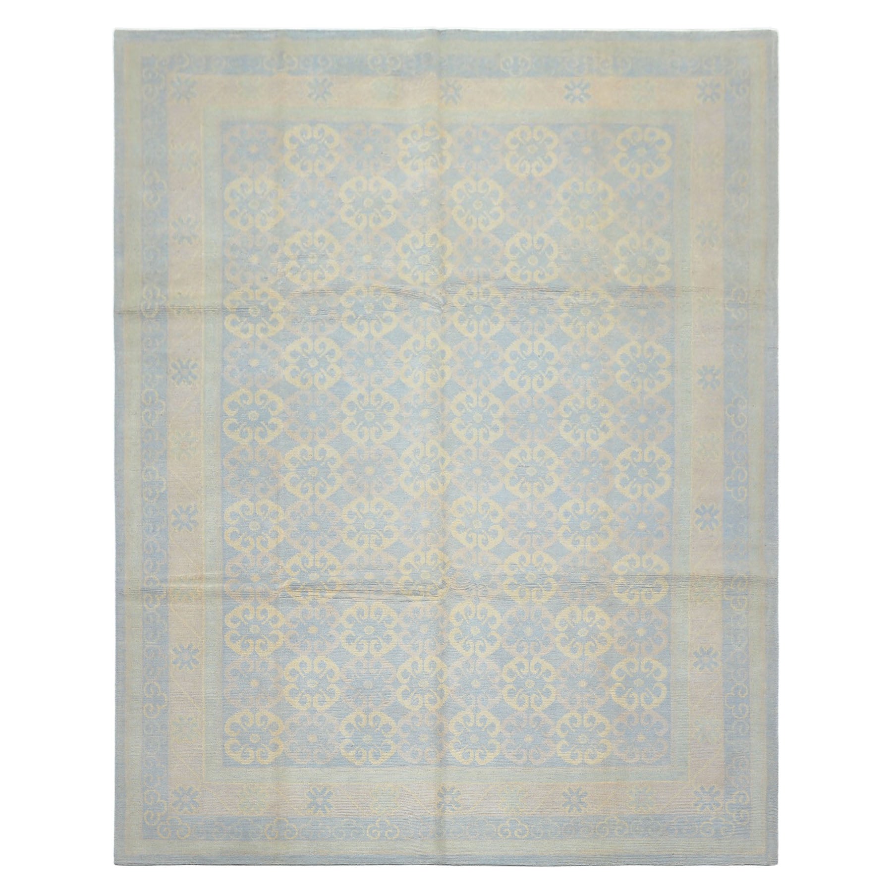 8x10 Blue, Ivory, Seafoam Color Hand Knotted Tibetan Wool Transitional Oriental Rug