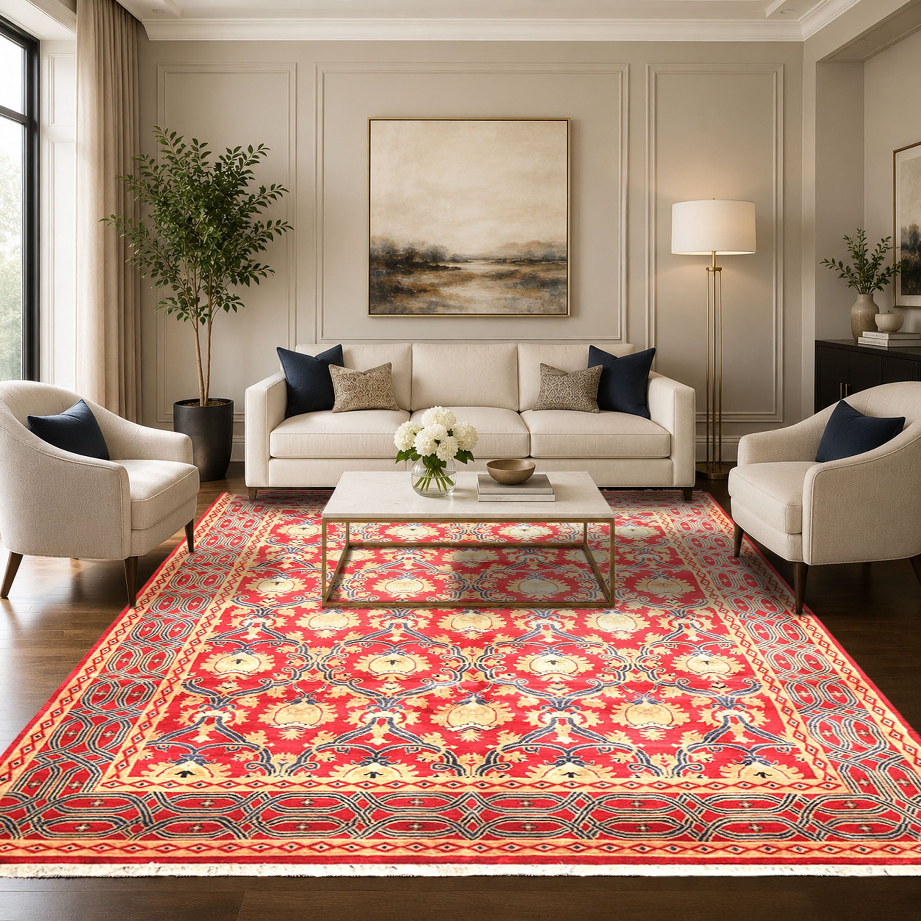 8x10 Red, Navy, Gold Color Hand Knotted Agra Wool Traditional Oriental Rug