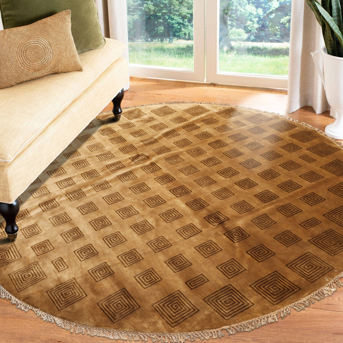 8' Round Tan, Brown, Color Hand Knotted Tibetan New Zealand Wool Modern & Contemporary Oriental Rug