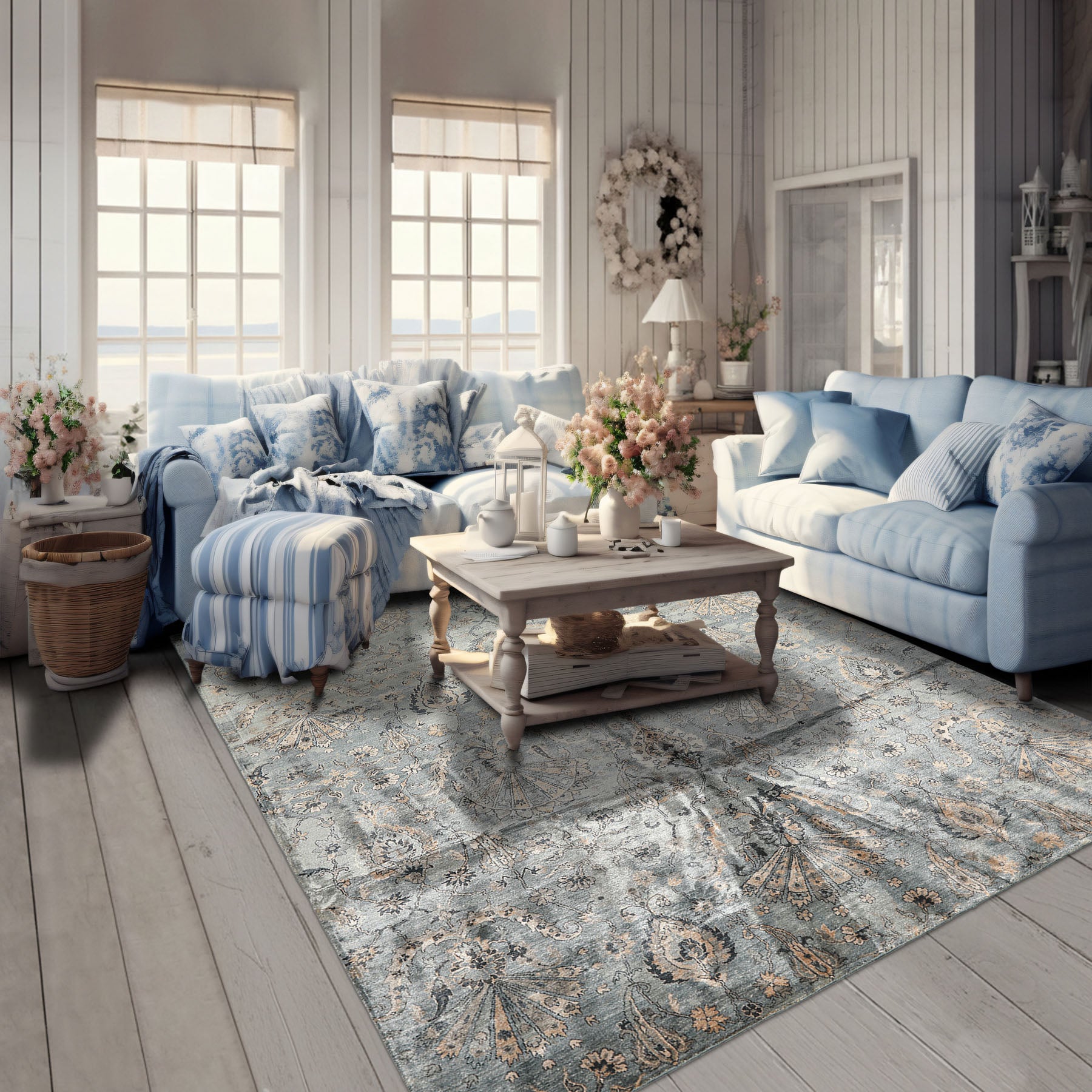 8x10 Aqua, Taupe, Beige Color Hand Knotted Tibetan Bamboo Silk Transitional Oriental Rug
