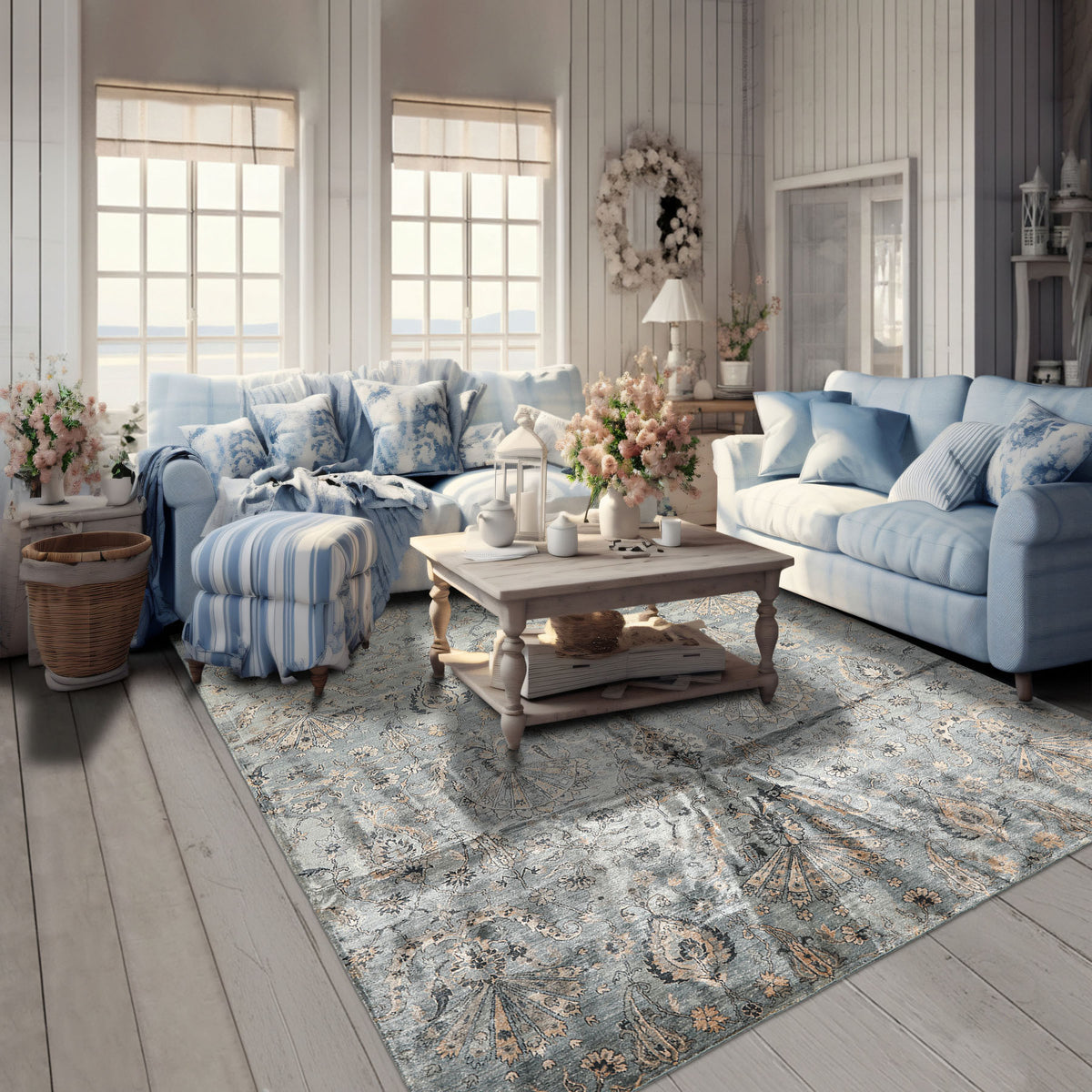 8x10 Aqua, Taupe, Beige Color Hand Knotted Tibetan Bamboo Silk Transitional Oriental Rug