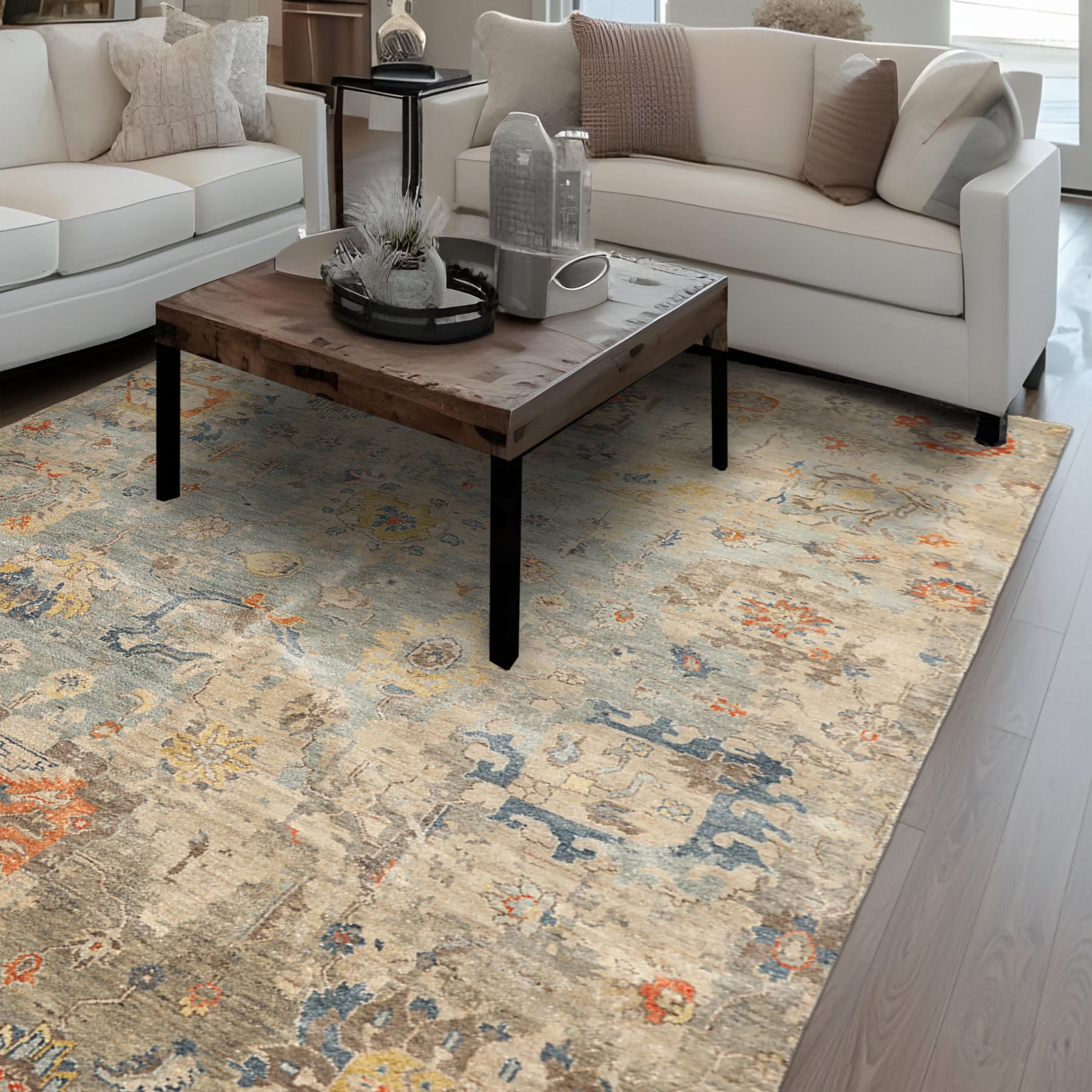 6x9 Celadon, Beige, Orange Color Hand Knotted Indo Oushak Wool Traditional Oriental Rug