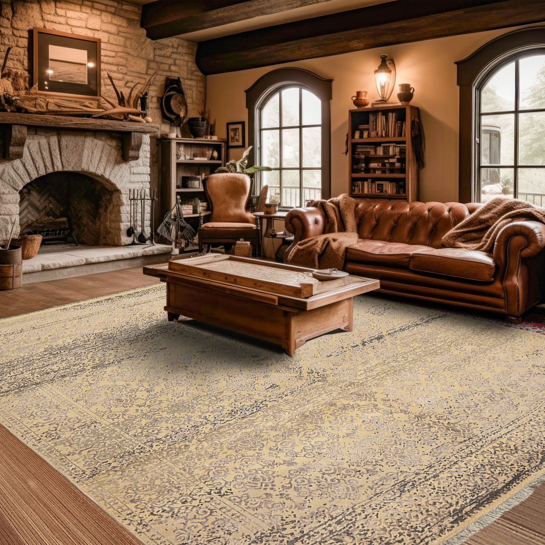8x10 Vanilla, Taupe, Moss Color Hand Knotted Oushak Wool & Bamboo Silk Transitional Oriental Rug