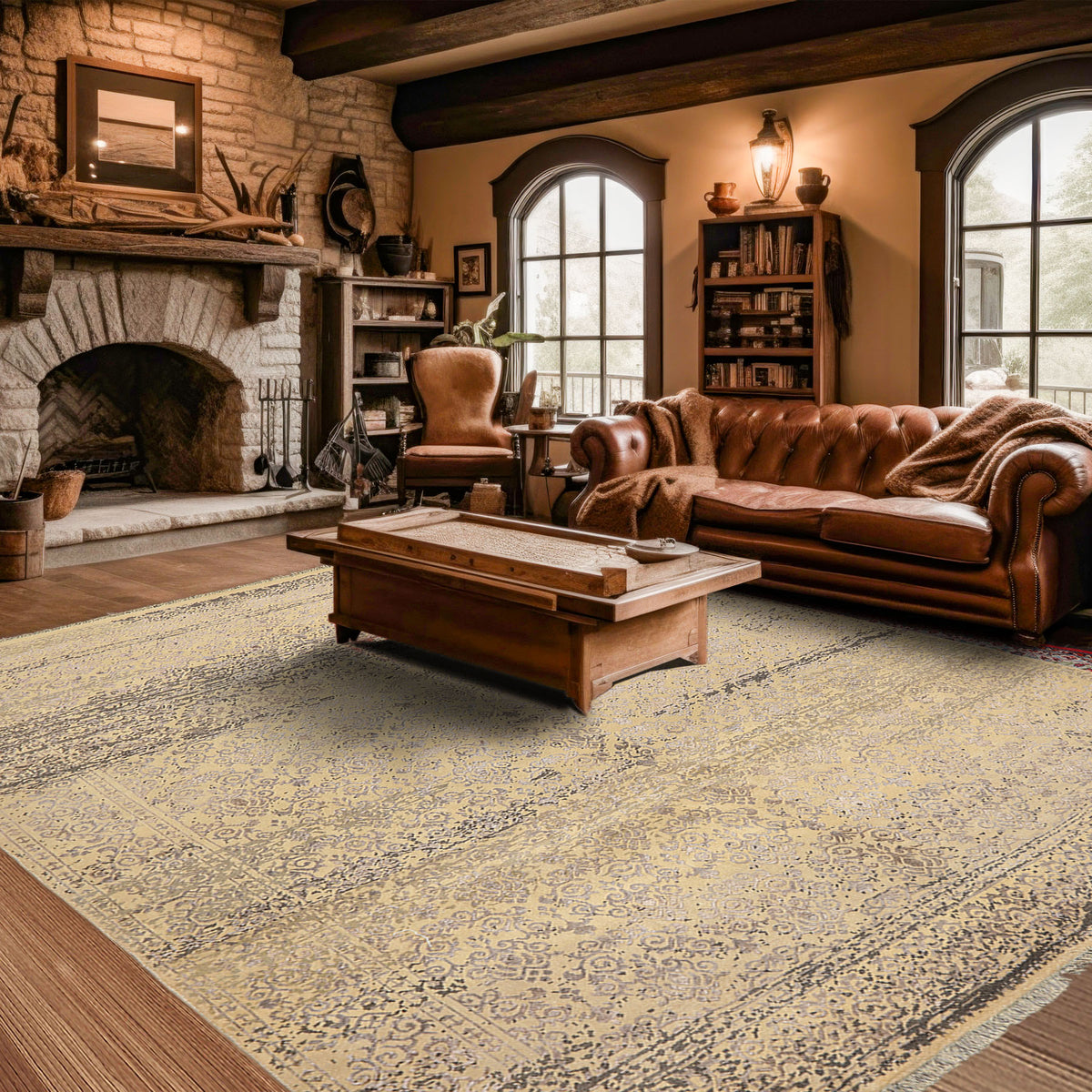 8x10 Vanilla, Taupe, Moss Color Hand Knotted Oushak Wool & Bamboo Silk Transitional Oriental Rug