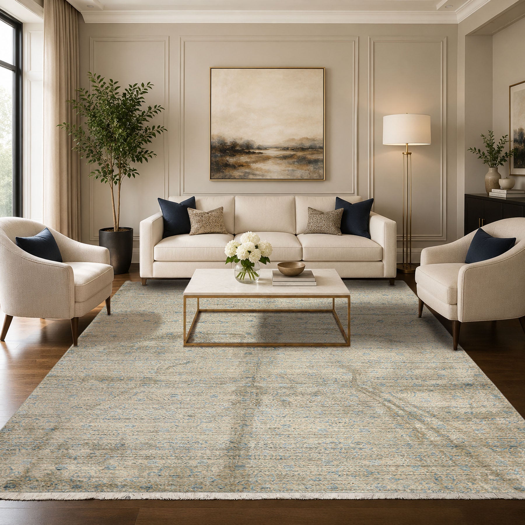 8x10 Beige, Gray, Aqua Color Hand Loomed Oushak Wool & Bamboo Silk Transitional Oriental Rug