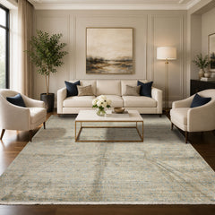8x10 Beige, Gray, Aqua Color Hand Loomed Oushak Wool & Bamboo Silk Transitional Oriental Rug
