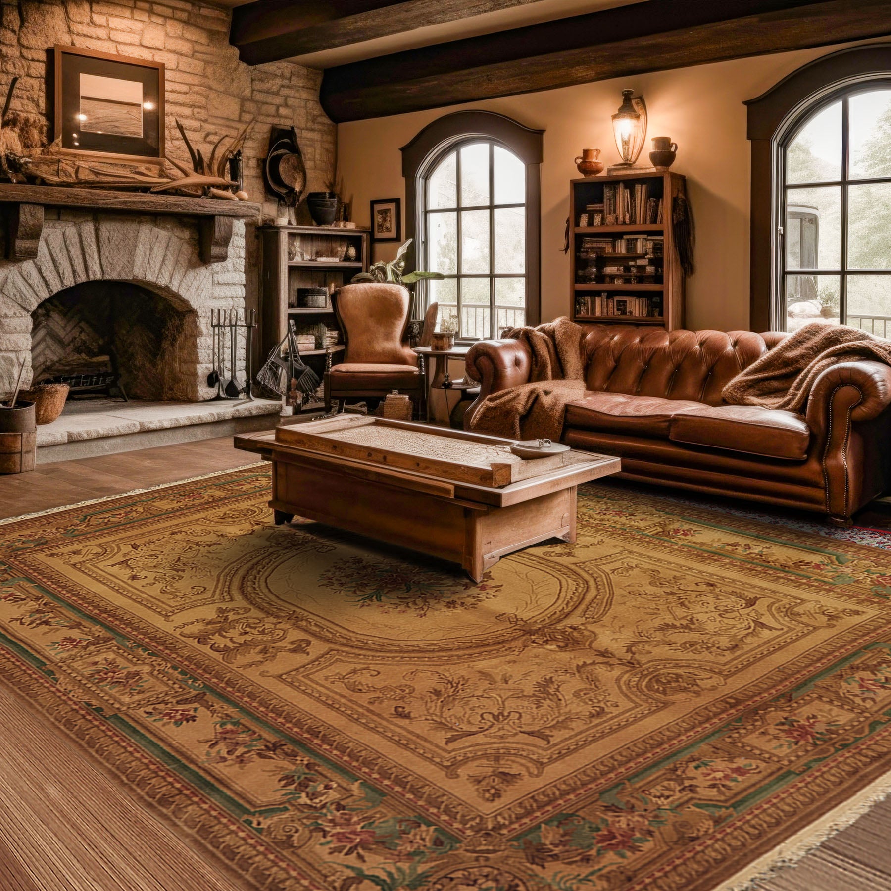 8x11 Tan, Rose, Brown Color Hand Knotted French Aubusson Savonnerie Wool Traditional Oriental Rug