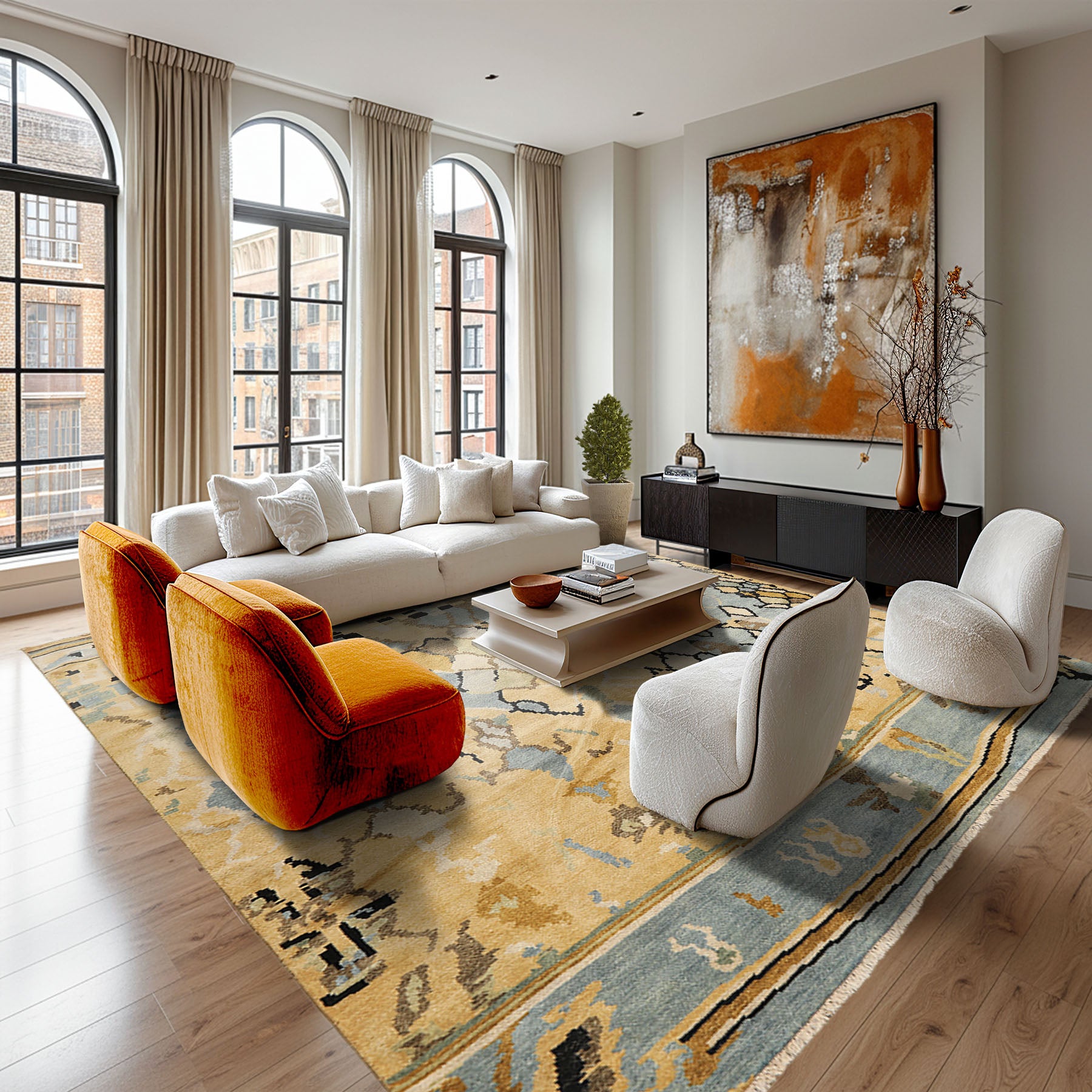 8x10 Light Gold, Aqua, Black Color Hand Knotted Oushak Wool Modern & Contemporary Oriental Rug