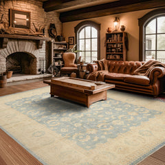 9x12 Aqua, Ivory, Tan Color Hand Knotted Chobi Peshawar Wool Traditional Oriental Rug