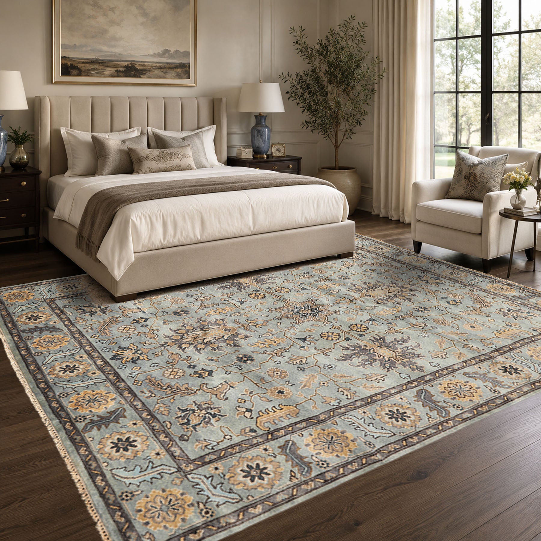 8x10 Aqua, Gray, Tan Color Hand Knotted Oushak Wool Traditional Oriental Rug