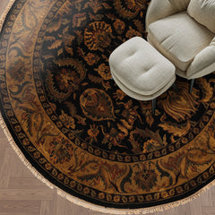 8' Round Black, Gold, Maroon Color Hand Knotted Agra Wool Traditional Oriental Rug