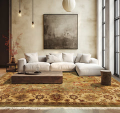 8' Square Pistachio, Beige, Rust Color Hand Knotted Agra New Zealand Wool Traditional Oriental Rug