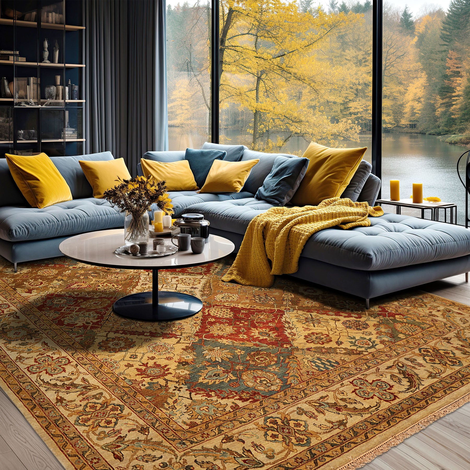 8x10 Beige, Tan, Aqua Color Hand Knotted Agra Wool Transitional Oriental Rug