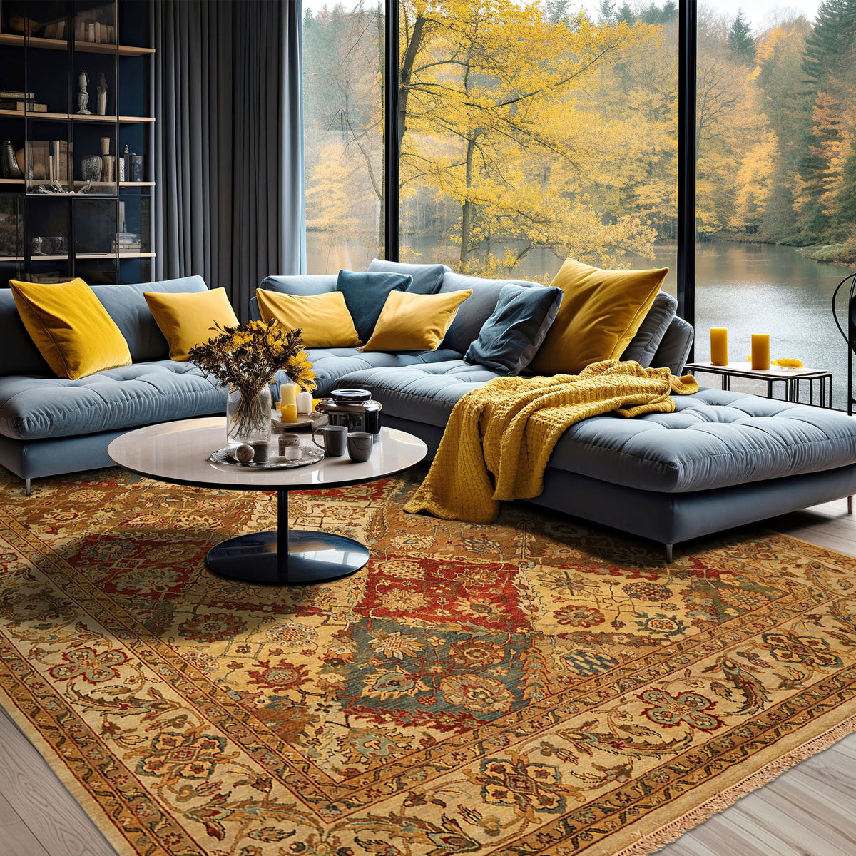 8x10 Beige, Tan, Aqua Color Hand Knotted Agra Wool Transitional Oriental Rug