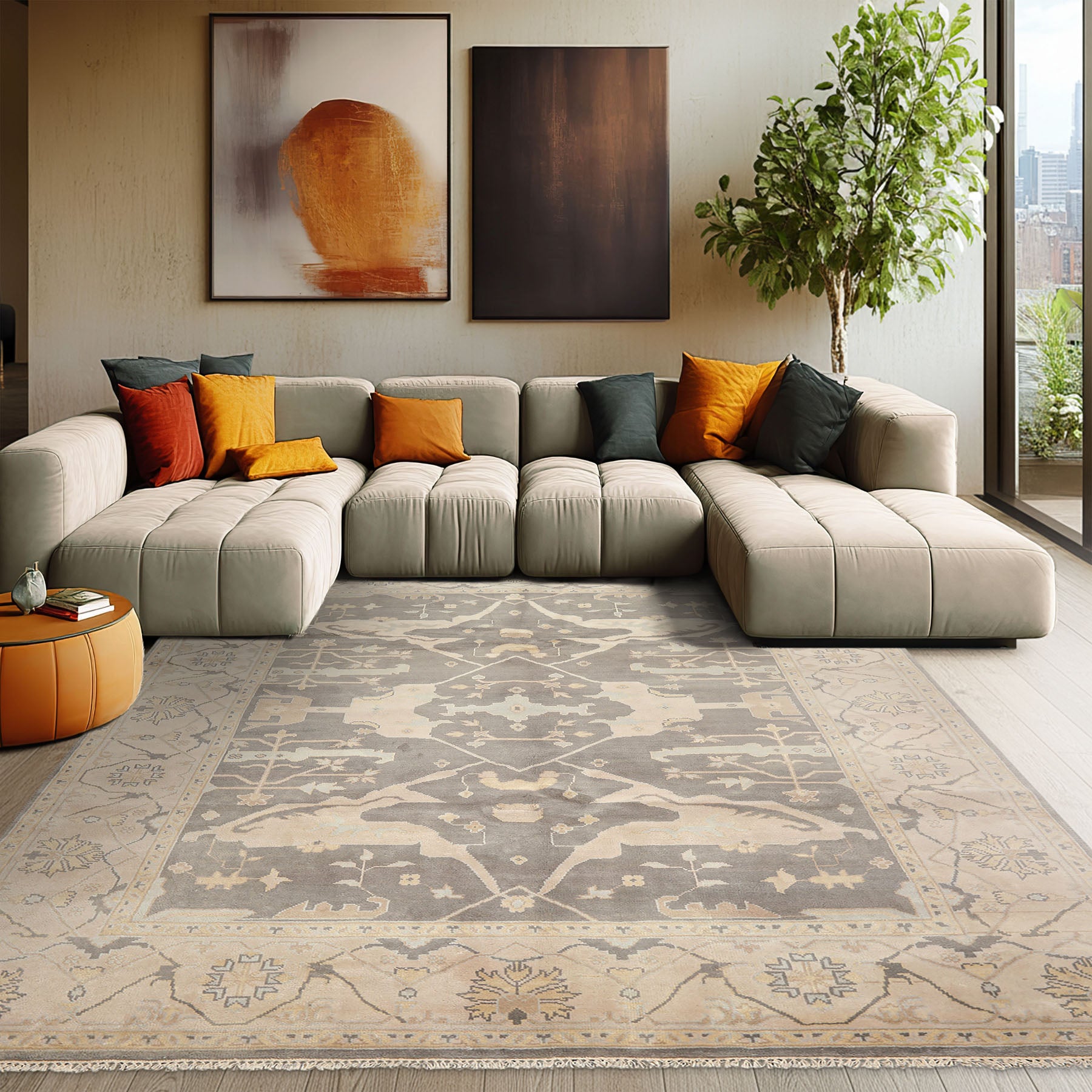 8x10 Gray, Ivory, Light Gold Color Hand Knotted Oushak Wool Traditional Oriental Rug