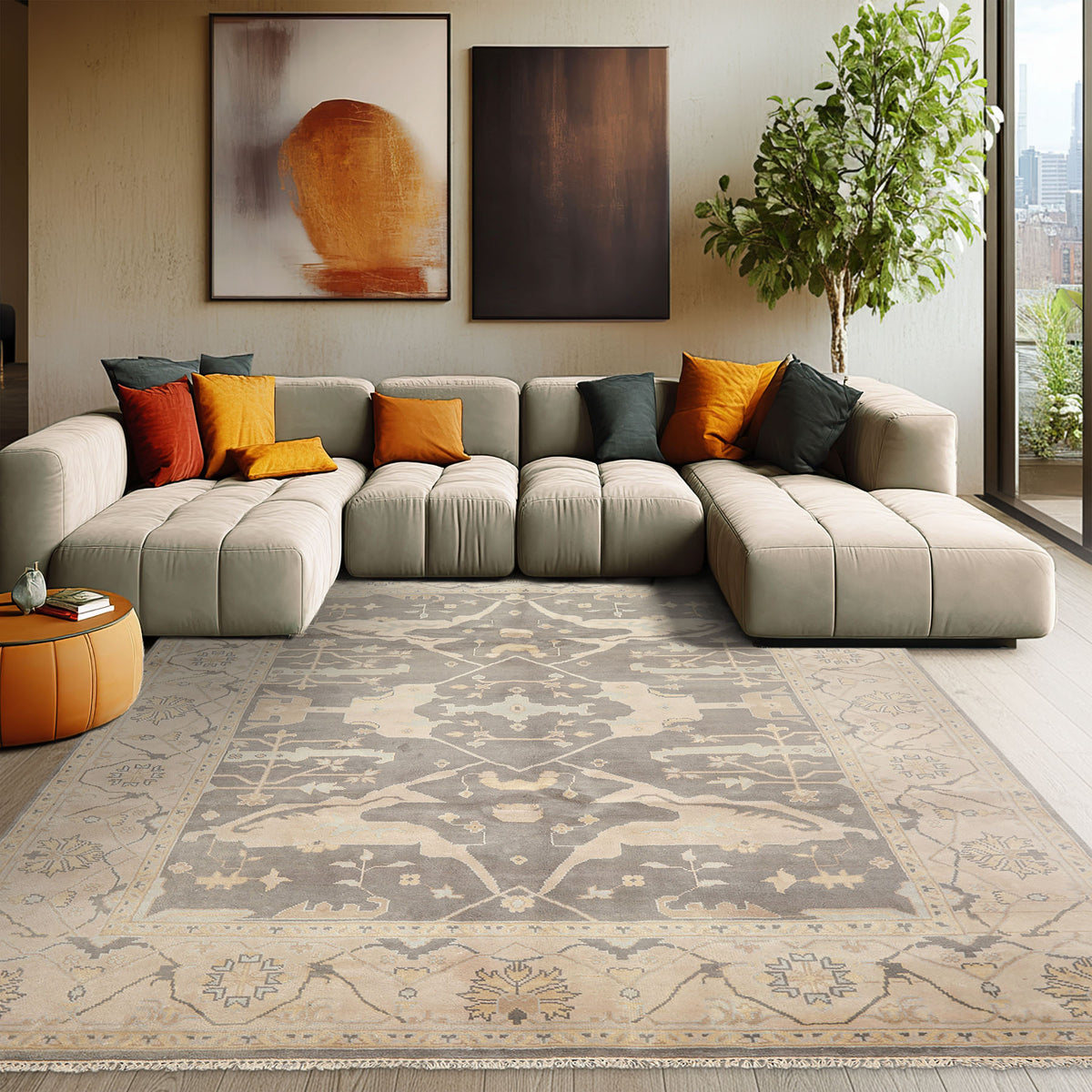 8x10 Gray, Ivory, Light Gold Color Hand Knotted Oushak Wool Traditional Oriental Rug