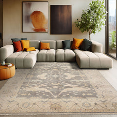 8x10 Gray, Ivory, Light Gold Color Hand Knotted Oushak Wool Traditional Oriental Rug