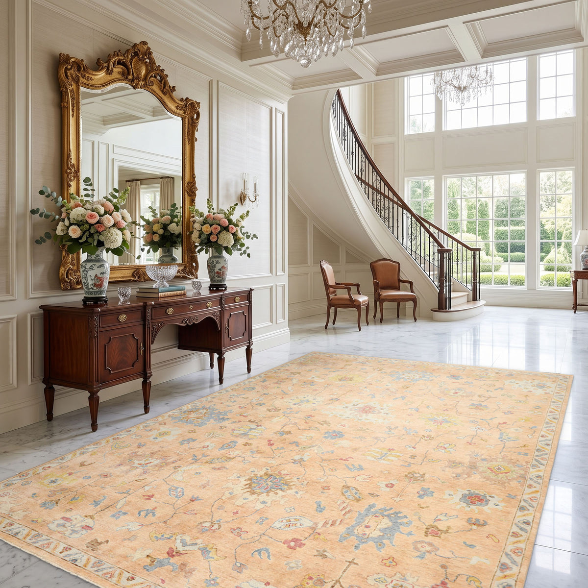 9x12 Blush, Aqua, Gold Color Hand Knotted Oushak Wool Traditional Oriental Rug
