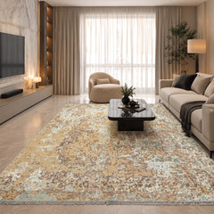 8x10 Camel, Aqua, Brown Color Hand Knotted Sherpa Wool & Bamboo Silk Modern & Contemporary Oriental Rug