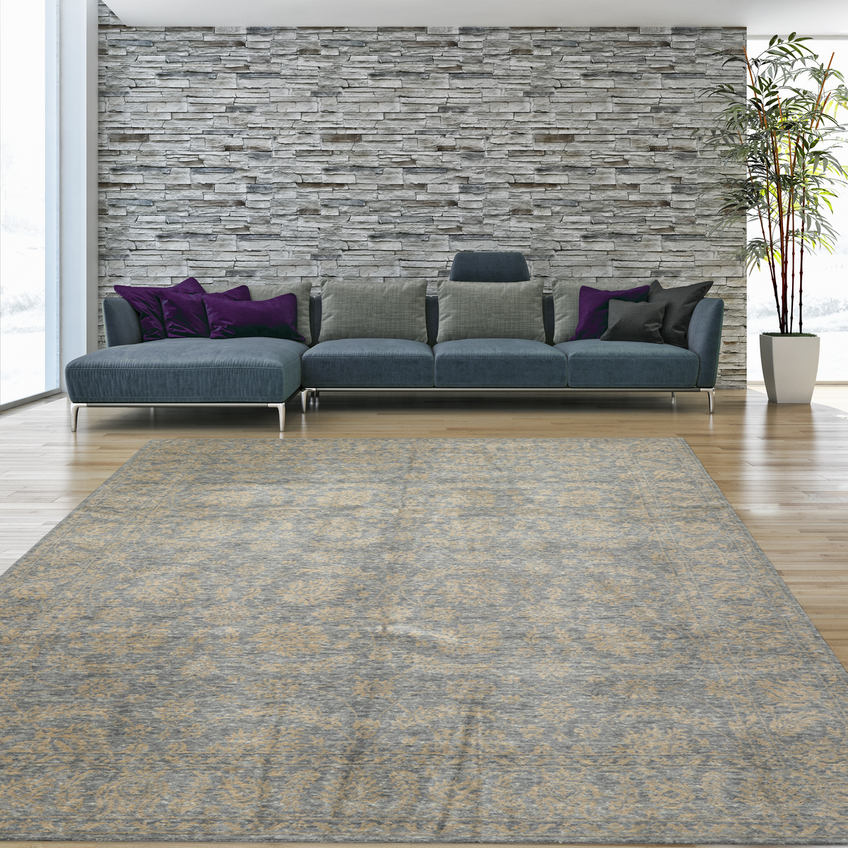 8x10 Aqua, Tan, Color Hand Loomed Tibetan Wool Transitional Oriental Rug
