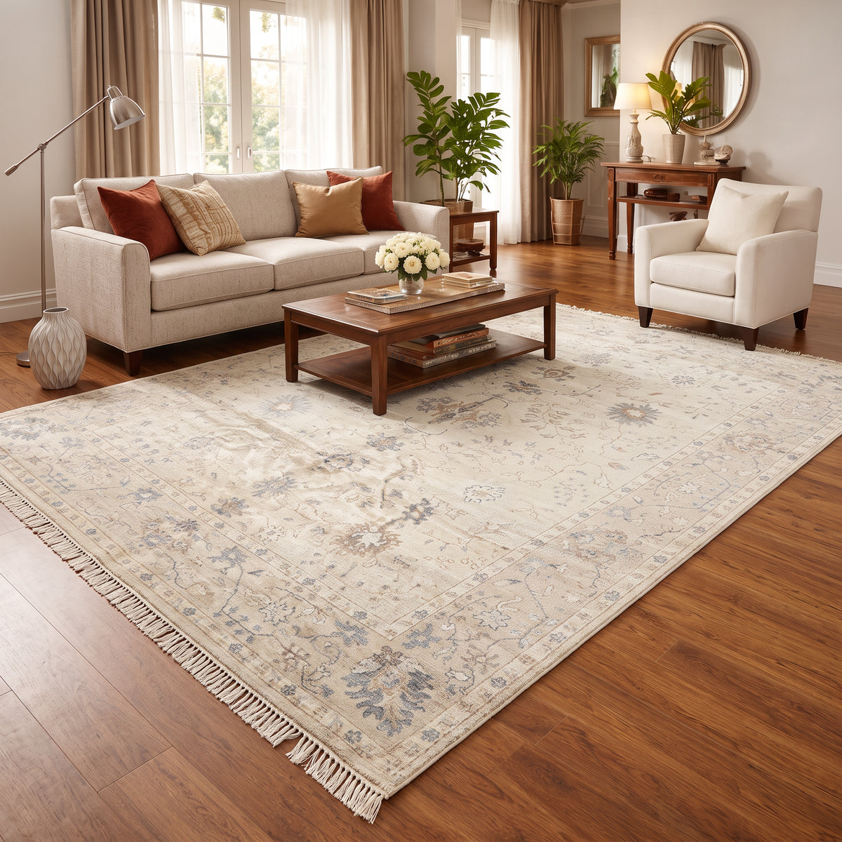 8x10 Ivory, Taupe, Gray Color Hand Knotted Oushak Bamboo Silk Traditional Oriental Rug