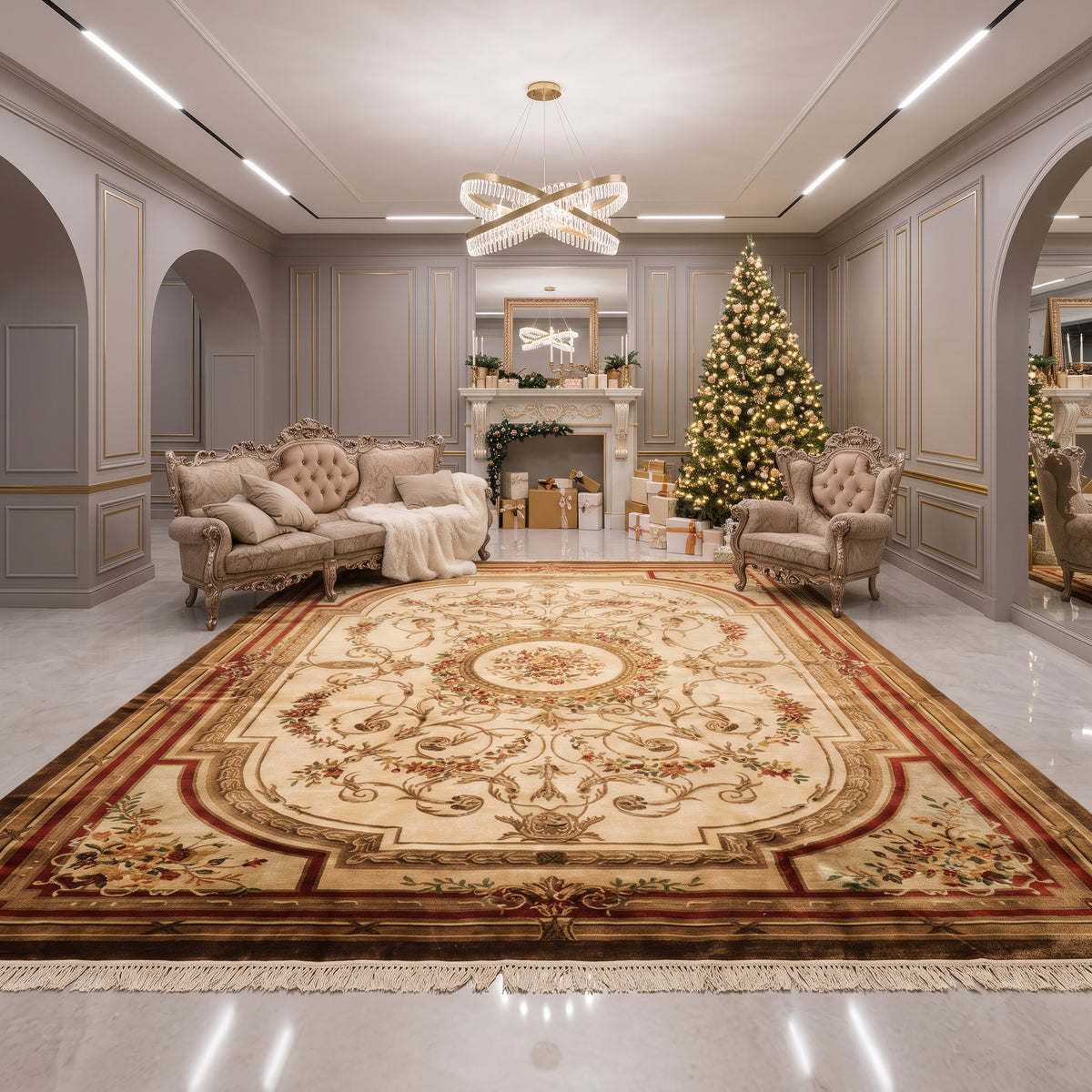 9x12 Ivory, Brown, Maroon Color Hand Knotted French Aubusson Savonnerie New Zealand Wool Traditional Oriental Rug