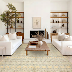 8x10 Ivory, Aqua, Gold Color Hand Knotted Tibetan New Zealand Wool Transitional Oriental Rug