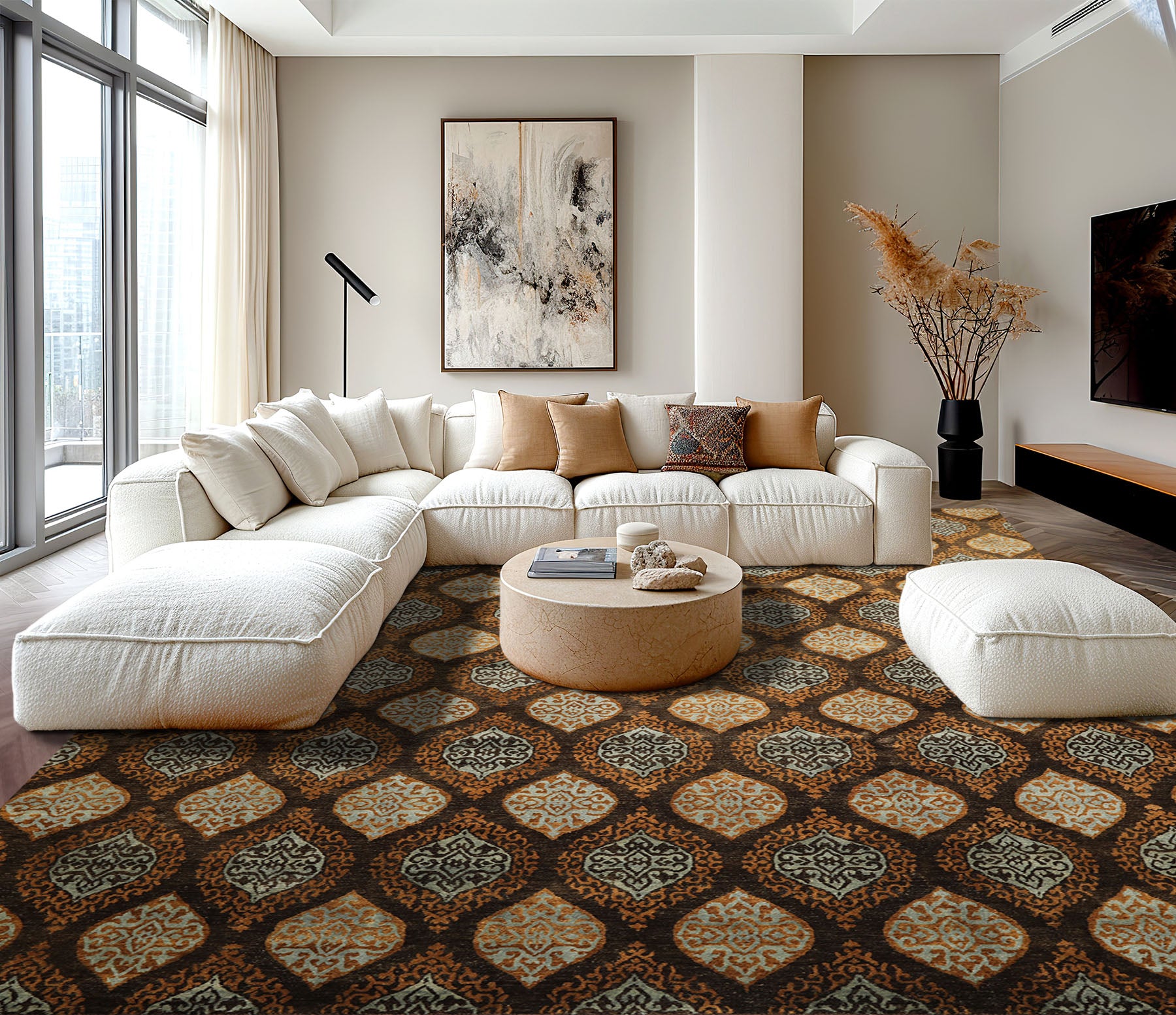 Multi Size Brown Aqua Caramel Color Hand Knotted Tibetan Wool Transitional Oriental Rug